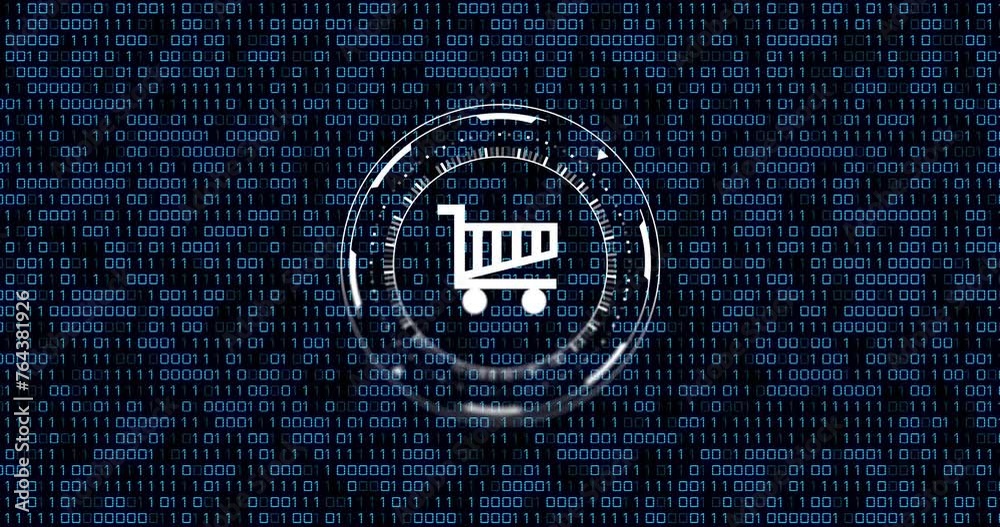 Animation of trolley sign and binary coding data processing over black background