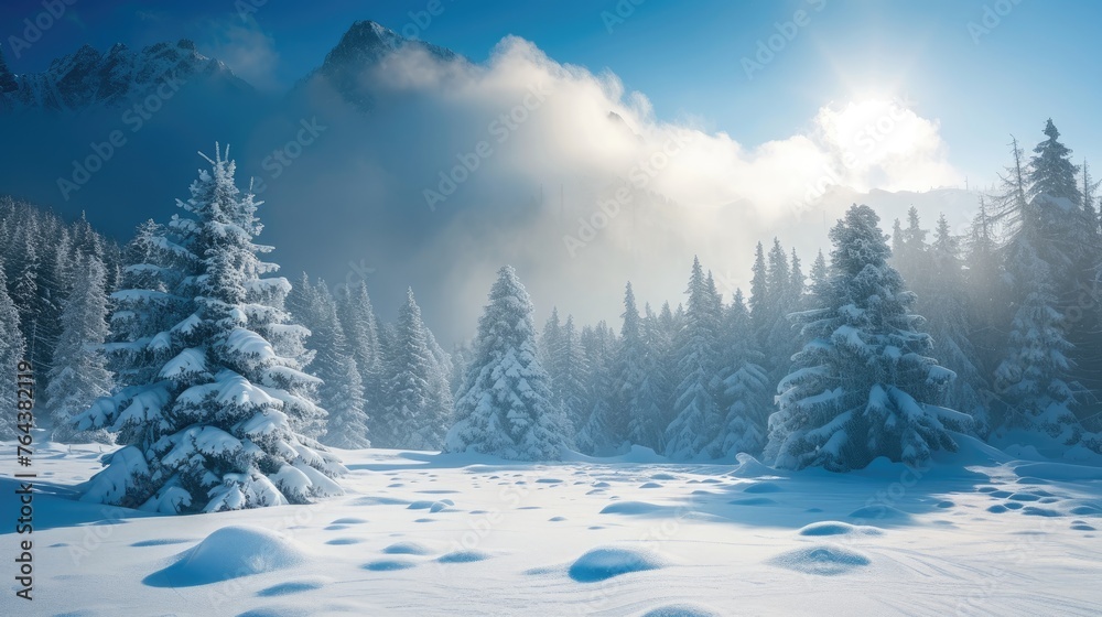 Majestic winter landscape in the mountains, where snow-clad peaks meet the serene embrace of frost. Ai Generated