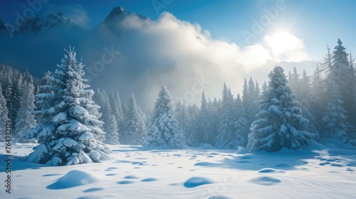 Majestic winter landscape in the mountains, where snow-clad peaks meet the serene embrace of frost. Ai Generated