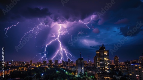 Lightning illuminates the city night, casting dramatic flashes that reveal the cityscape in a striking and electrifying display. Ai Generated.