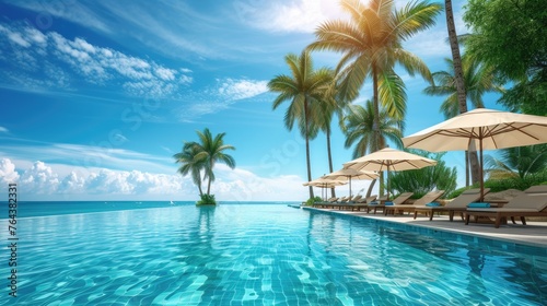 Luxurious swimming pool with loungers, umbrellas, palm trees, and sea under a blue sky. Ai Generated © Crazy Juke