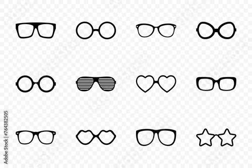 Vector Glasses Model Icons. Man, Women Frames, Different Shapes, Cutout Sunglasses. Monochrome Eyeglasses Isolated. Eyewear Silhouettes
