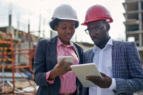 Two black female engineers are using tablets to inspect construction work. at the construction site