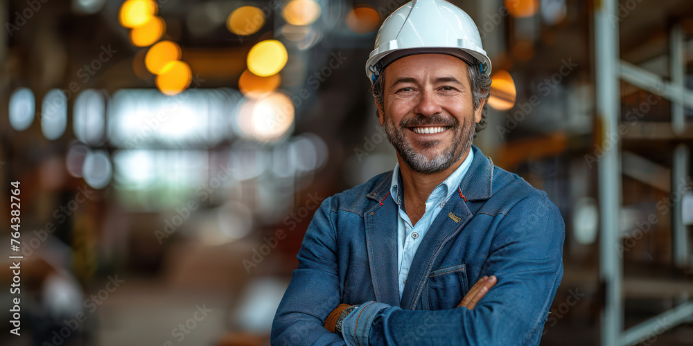 A man wearing a hard hat and a blue jacket is smiling