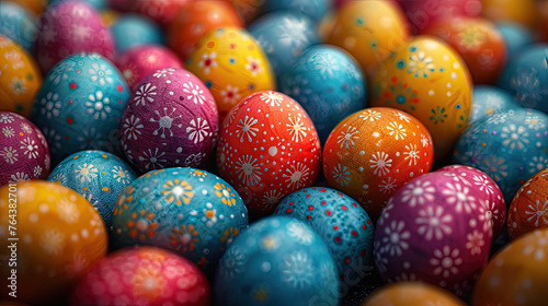  colored Easter Eggs with white hand painted flowers and dots.