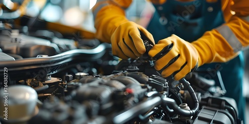 Mechanic fixing vehicle in auto shop for maintenance and repairs. Concept Auto Repair, Maintenance Work, Mechanic Services, Vehicle Fixing, Automotive Care
