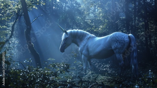 Fantasy mystical unicorn horse in the dark fairy forest scene. AI generated image