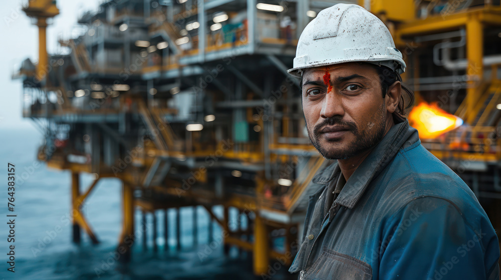 A india engineer man in a hard hat stands in front of a large oil rig A india engineer man in a hard hat stands in front of a large oil rig