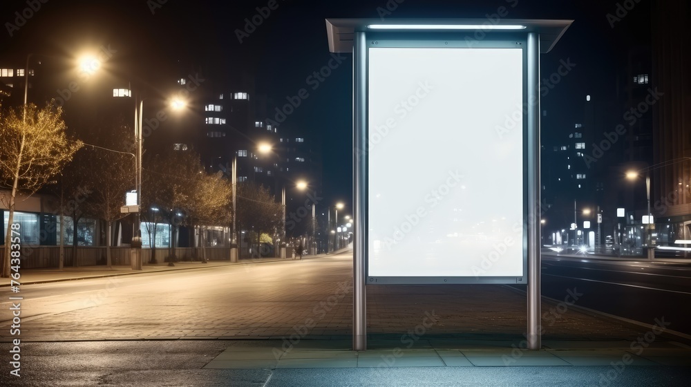 At a city bus stop, a blank white vertical digital billboard poster stands illuminated at night, Ai Generated