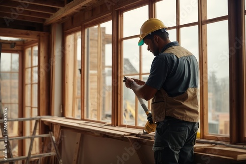 Construction workers install new windows at home using safety equipment