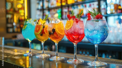 Five colorful gin tonic cocktails in wine glasses adorn the bar counter of a vibrant pub or restaurant. Ai Generated