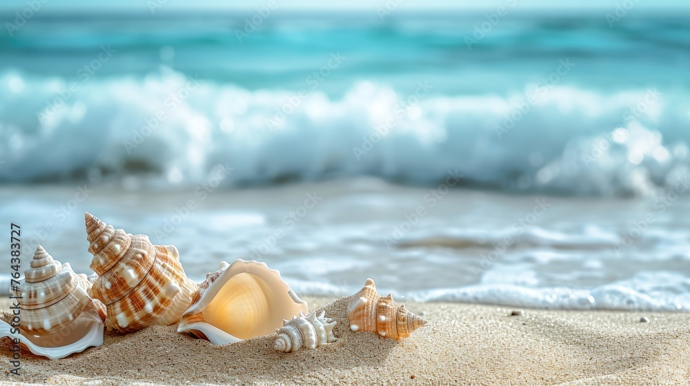 tropical beach adorned with seashells on soft sand. Ai Generated tropical beach adorned with seashells on soft sand. Ai Generated