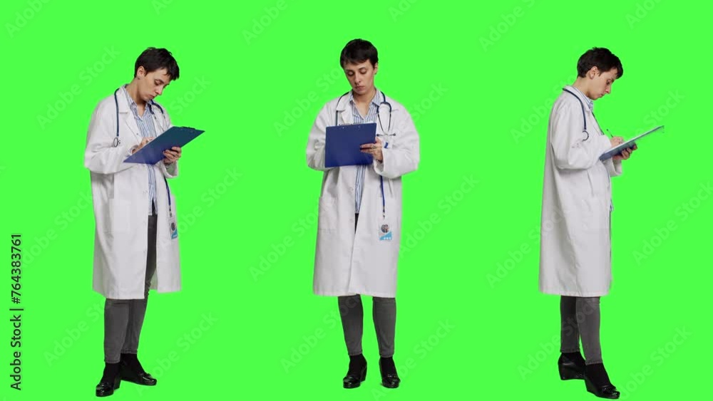 Physician taking notes after patient examination against greenscreen backdrop, writing down medicaments to cure illness. Doctor in white coat using clipboard papers for checkup. Camera A. Physician taking notes after patient examination against greenscreen backdrop, writing down medicaments to cure illness. Doctor in white coat using clipboard papers for checkup. Camera A.
