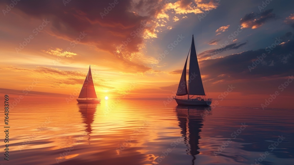 two sailboats gracefully glide in the ocean's sunset hues. Ai Generated