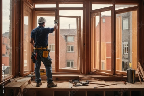 Construction workers install new windows at home using safety equipment © free