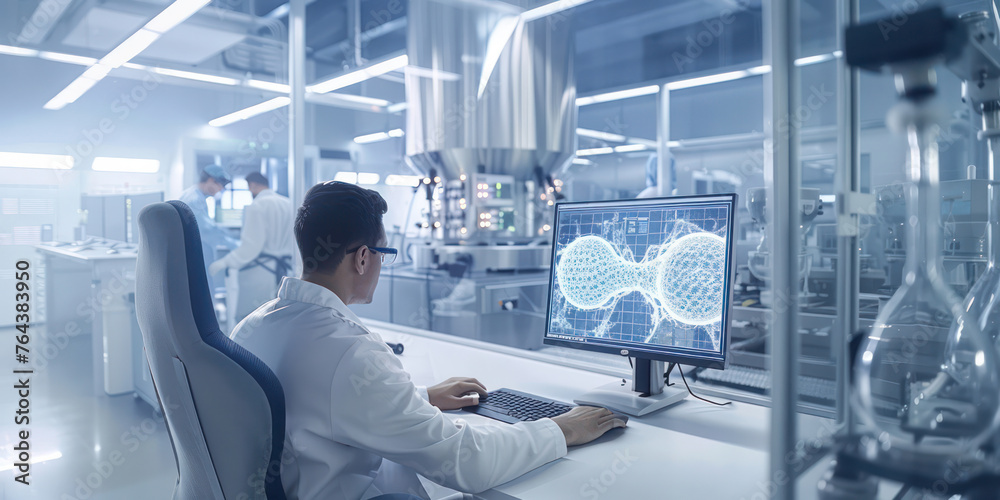 A man is sitting at a computer in a lab A man is sitting at a computer in a lab