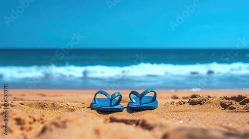 A pair of flip-flops stands in the sand at the beach  with the vast ocean creating a serene backdrop. Ai Generated