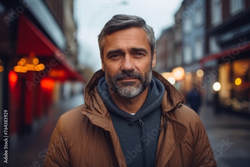 Handsome middle-aged man with a beard on a city street