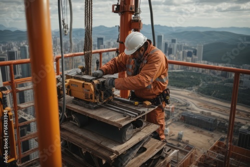 Construction workers installing equipment on skyscraper at height in safety suit