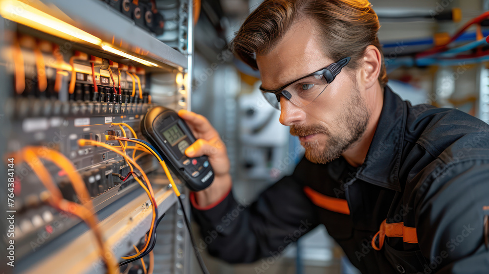 An electrician wearing a black shirt and safety glasses is working on a power distribution box. He uses a multimeter to check the voltage.