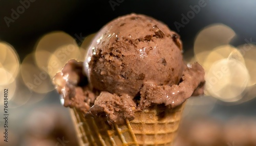 Close-up of Chocolate Ice Cream Scoop in Cone on Bokeh Background © VGV