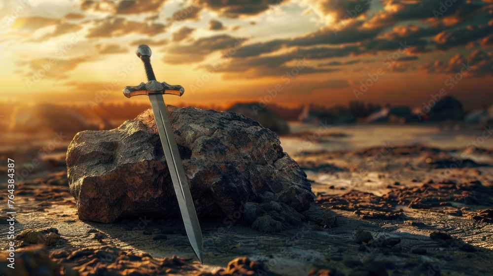 Old ancient sword stuck in a rock on dramatic scene landscape ...