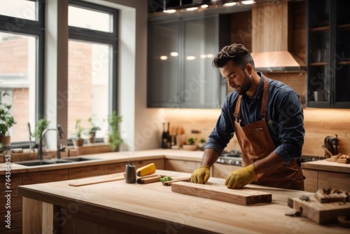 Male carpenter worker installing new modern kitchen photo