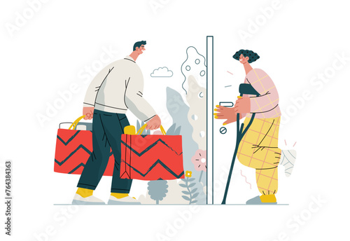 Mutual Support Buying groceries for ill neighbor -modern flat vector concept illustration of man carrying shopping bags for woman on crutches Metaphor of voluntary, collaborative exchanges of services