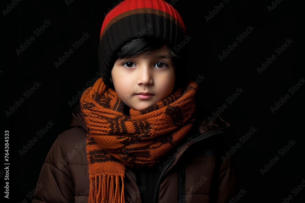 Portrait of a cute little boy wearing warm winter clothes on black background
