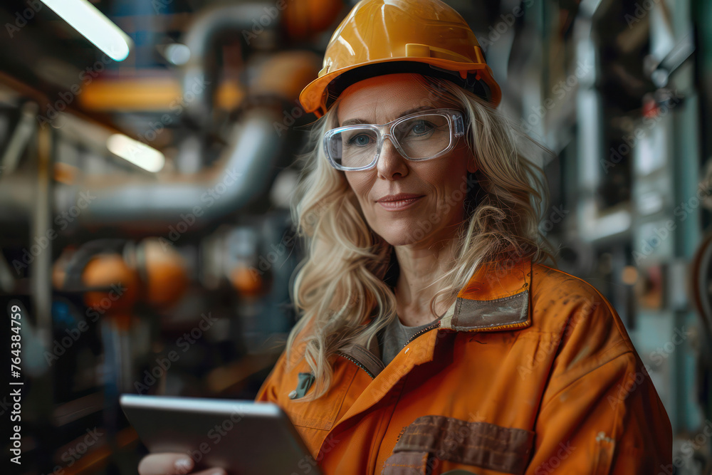 A professional woman wearing a yellow helmet and safety glasses is holding a tablet A professional woman wearing a yellow helmet and safety glasses is holding a tablet