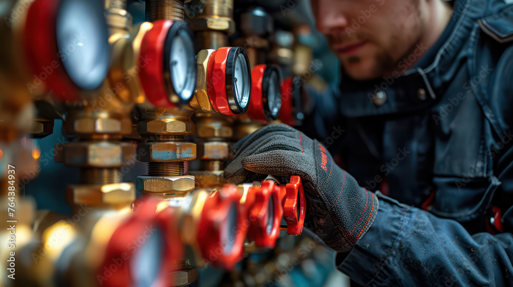 A man is working on a pipe with many red valves