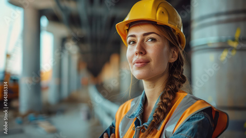 A engineer woman wearing a yellow hard hat and orange vest stands in front of a bridge © bird_saranyoo