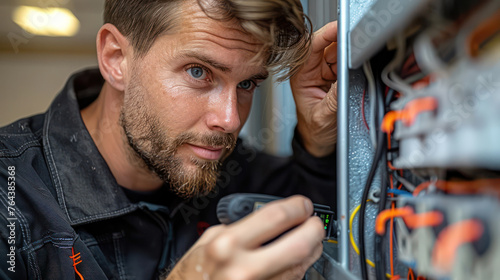 A male electrician is working on a circuit board with a multimeter. He uses a multimeter to check the voltage.