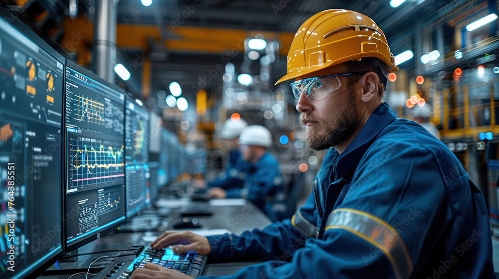 Engineer team sits in front of a computer screen showing graphs related to energy production. Inside a nuclear power plant. Engineer team sits in front of a computer screen showing graphs related to energy production. Inside a nuclear power plant.