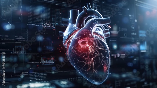 3d Rendering human heart cardiology with infographic virtual diagnosis background. AI generated #764385545