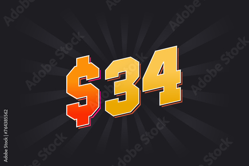 34 Dollar American Money vector text symbol. $34 USD United States Dollar stock vector