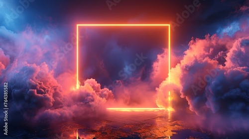 3d illustration, colorful neon light with square frame abstract smoke background. AI generated