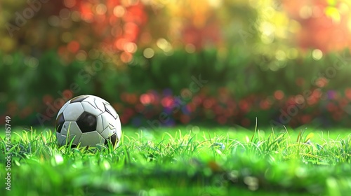 Close up soccer ball sport on grass with blur background. AI generated image