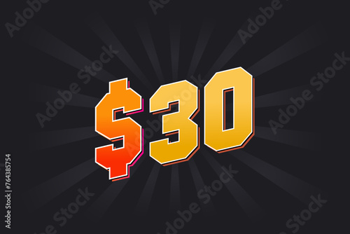 30 Dollar American Money vector text symbol. $30 USD United States Dollar stock vector