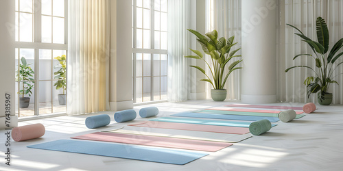 Fitness centers yoga room with mats and calming decor created with AI Generative  © Ubaid