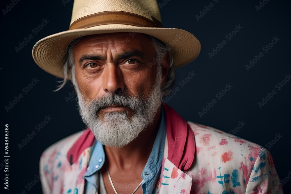 Portrait of a senior man wearing a hat and a colorful shirt.
