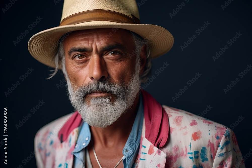 Portrait of a senior man wearing a hat and a colorful shirt. Portrait of a senior man wearing a hat and a colorful shirt.