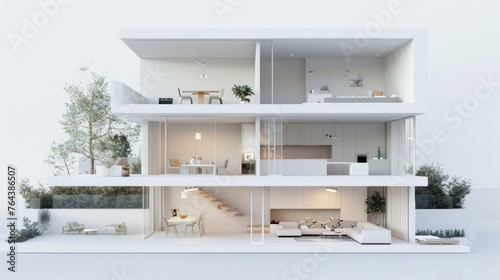 Rendering 3D miniature white townhouse model of minimalist contemporary style. AI generated © yusufadi