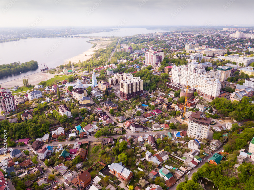 View from drone of historic center and residential areas of Voronezh city on bank of Voronezh River, Russia