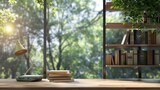 Workplace and home library with wooden table, books and desk lamp near window blur nature background