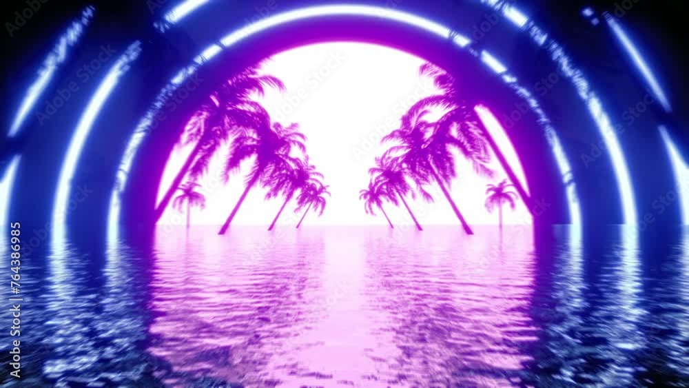 An alley with palm trees on the water, lit by an abstract sun. Neon reflections on the water. Cinematic background