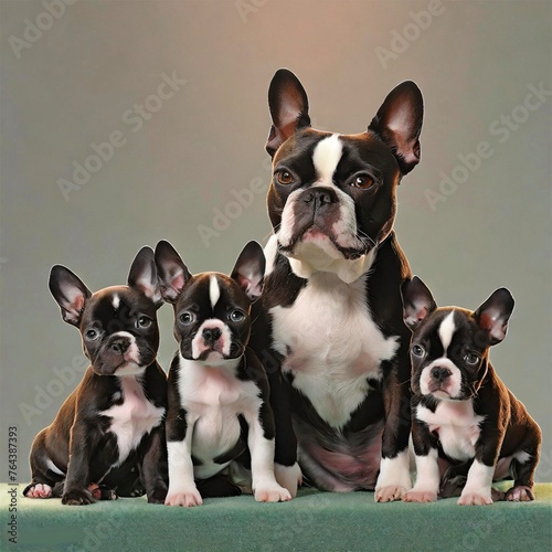 Mother Boston Terrier and her Puppies, Animal Mothers are Fun, Animals are Fun series by Zen Curio Shop © Thomas