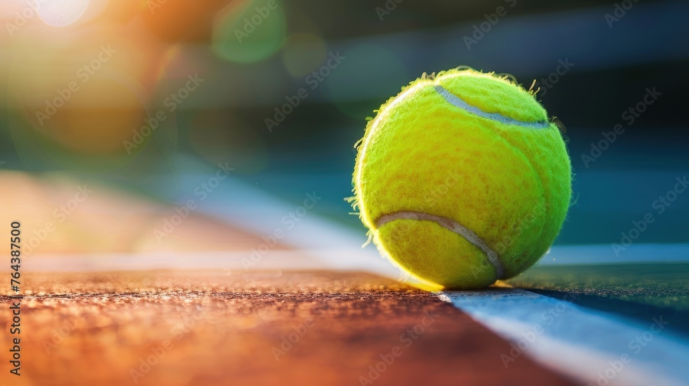 Close up green tennis ball with shadow on outdoor tennis court blur background. AI generated