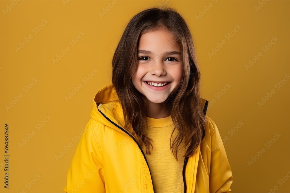 Portrait of a smiling little girl in a yellow jacket on a yellow background