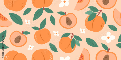 Juicy peach seamless pattern. Sliced and whole peaches. Flowers and leaves. Trendy flat hand-drawn vector illustration. Tropical background.